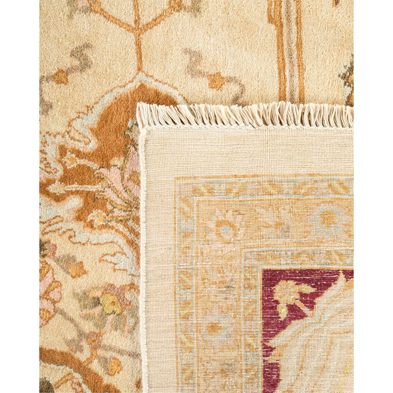 Tapis ivoire en laine noué à la main de conception unique 8 pi 2 po x 10 pi Ohlone