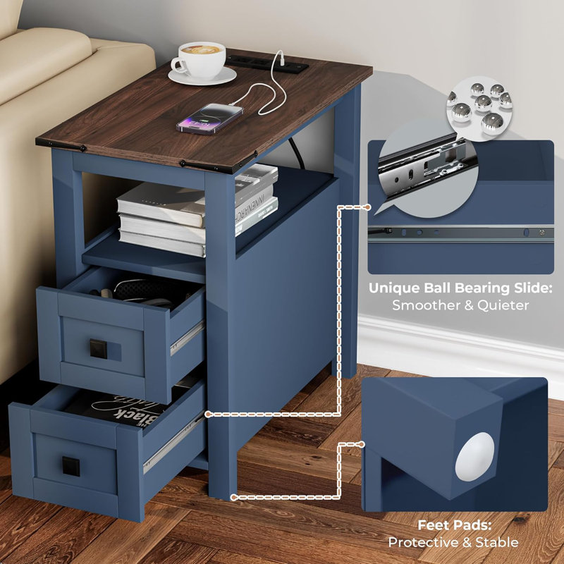 Table de chevet Farmhouse avec station de charge et 2 tiroirs de rangement, table de chevet avec porte de grange et tablette, table d'appoint rustique pour chambre à coucher, salon, canapé