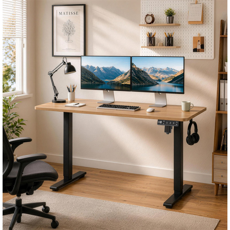 47.3" T-Shape Light Rustic Brown Electric Height Adjustable Standing Desk, Ergonomic Dual Monitor Workstation with 3 Height Memory Presets, Headphone Hook, Easy Assembly for Home Office, Bedroom & Study