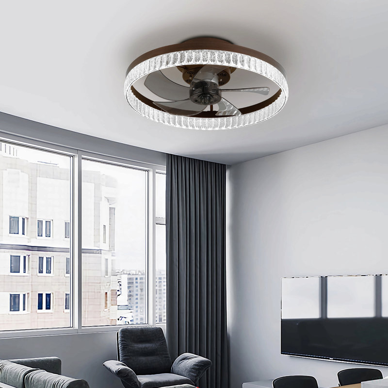 Ventilateur de plafond brun 20 po avec lumière DEL - Ventilateur de plafond encastré moderne pour la chambre à coucher, le salon et la décoration intérieure avec anneau en cristal