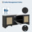 Meuble télé bohème pour téléviseurs de 70 pouces, console multimédia avec 2 portes et étagères ouvertes, meuble télé en rotin pour salon, noir