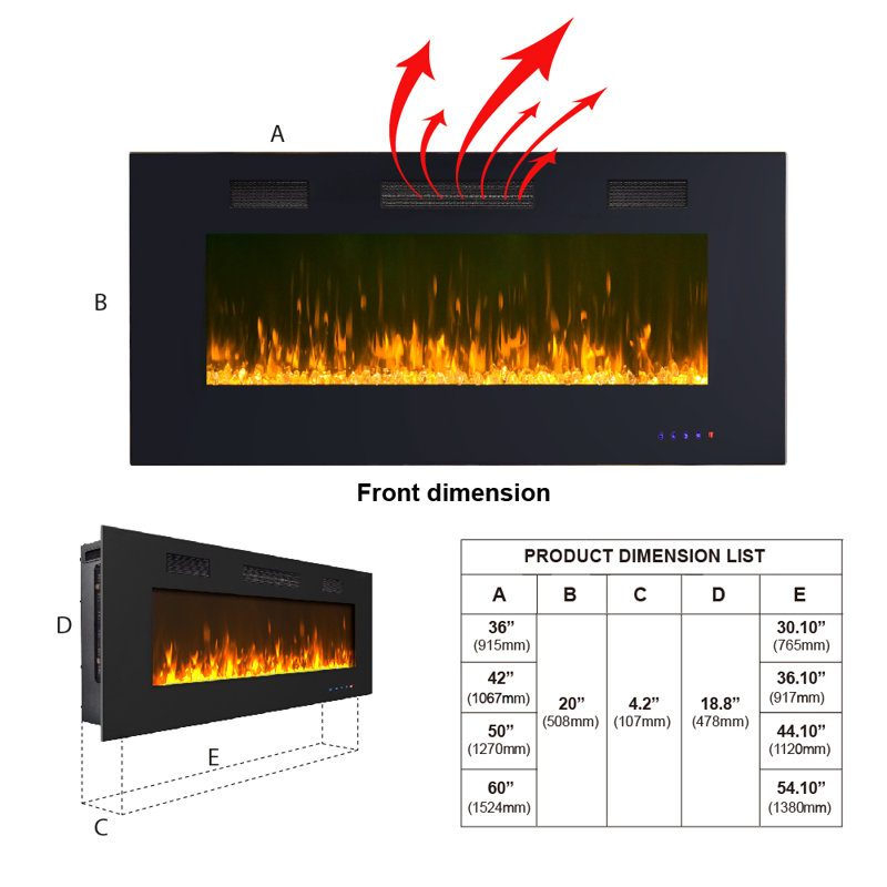 Black Electric Fireplace, 20" H x 36" W x 4.02" D