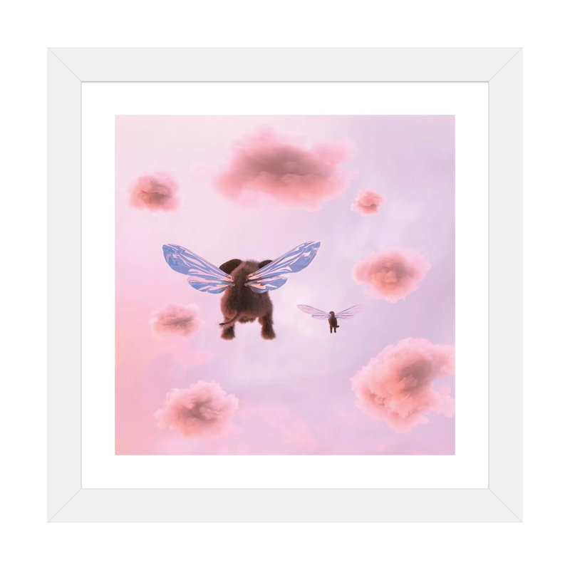 «Elephant and Dog Are Flying in the Clouds» par Mike Kyiv - reproduction d'art, H 16 po x l 16 po x p 1 po, Blanc