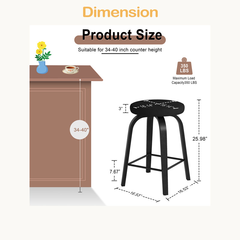 Ensemble de 2 tabourets pivotants, tabouret de bar sans dossier 26 po, siège rembourré en tissu, pieds en bois robuste et repose-pieds en métal