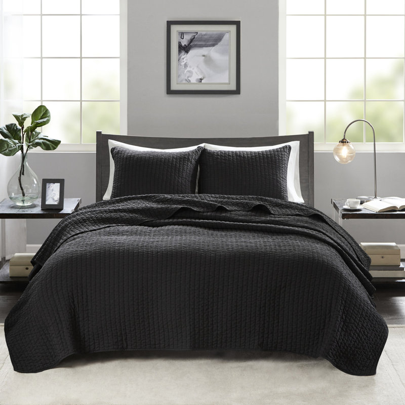Courtepointe réversible noire simple / simple TG, rembourrage en microfibre et en coton, convient à chaque saison, 2 pièces avec 1 taie décorative, rembourrage Channel Exquisitiness, transitions saisonnières, couture matelassée