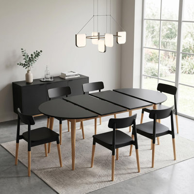 Table de salle à manger extensible avec pieds en bois massif et plateau en panneau de fibres à densité moyenne, réglable en 3 dimensions: 100/140/180 cm