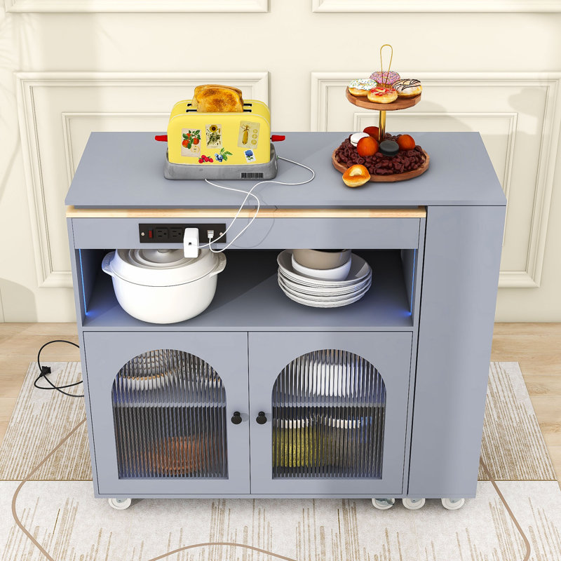 Modern Rolling Kitchen Island Cart with Built-in Charging Station, LED Lighting and Ample Storage, Gray Blue