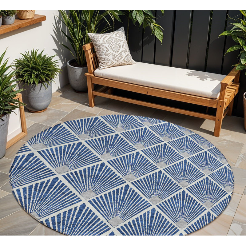 Tapis d'intérieur / extérieur rond lavable géométrique bleu marine, gris et ivoire HomeRoots