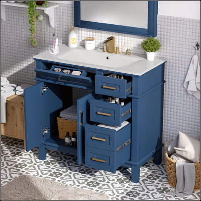 Meuble-lavabo moderne bleu de 36 pouces avec lavabo en céramique, portes à fermeture douce et 4 tiroirs de rangement pour des salles de bain élégantes et fonctionnelles