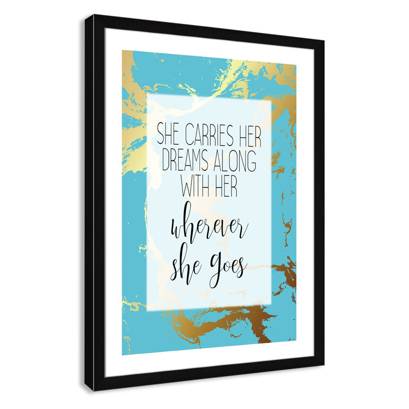 «Whereever she goes», art encadré, H 36,5 po x l 26,5 po x P 0,63 po, Cadre noir