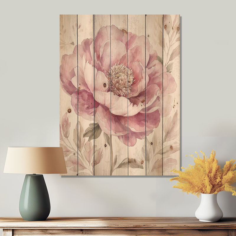Minimalisme élégance de pivoines roses III - impression de pivoines sur bois de pin naturel, H 44 po x l 34 po x P 0,78 po