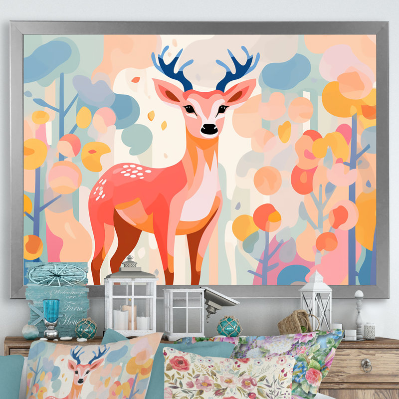 Art floral mural, cerf rose, Cadre flottant noir, H 24 po x l 32 po x P 1 po
