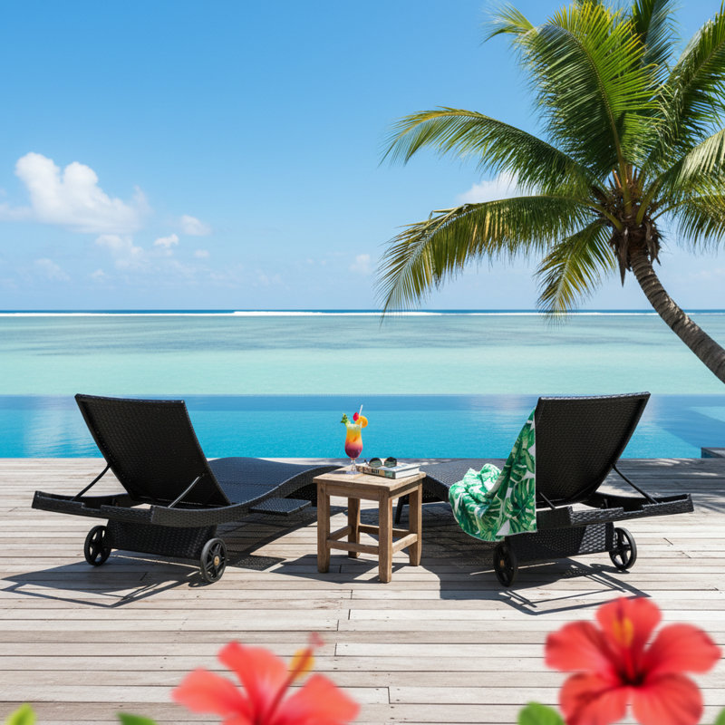 Outdoor Wicker Chaise Lounge Chairs Set of 2 with Adjustable Backrest, Rolling Wheels, and Pull-out Side Table for Poolside Relaxation