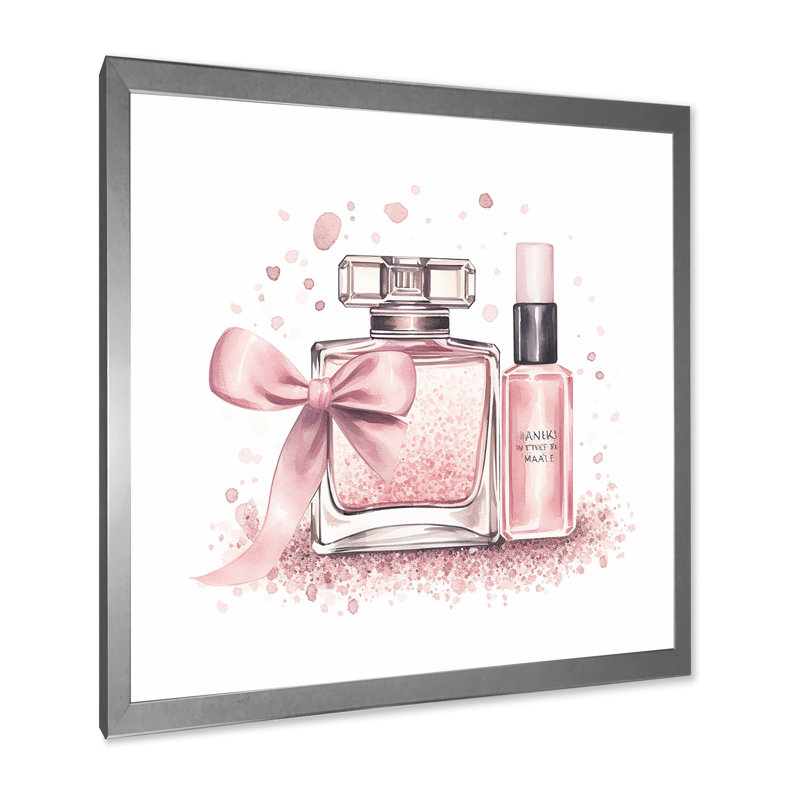 Illustration de maquillage élégant sur toile rose, Cadre photo argenté, H 24 po x l 24 po x P 1 po