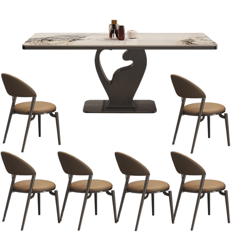 Light luxury style modern dining table sets, 29.53"H x 70.87"L x 35.43"W, White/Brown