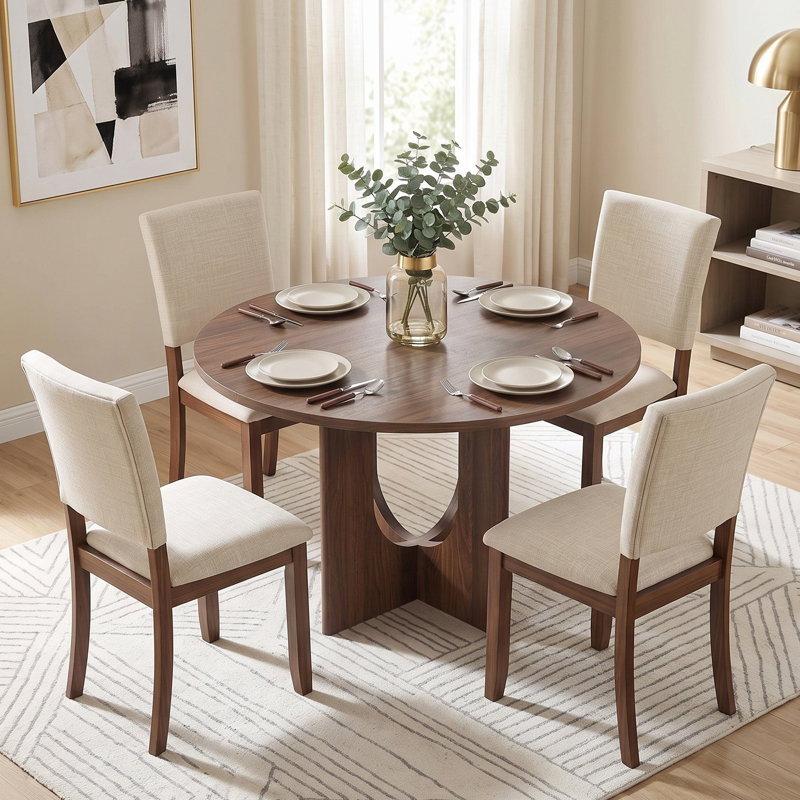 Table de salle à manger ronde de style transitionnel de 119 cm (47 po) avec pied central en forme de U, Walnut