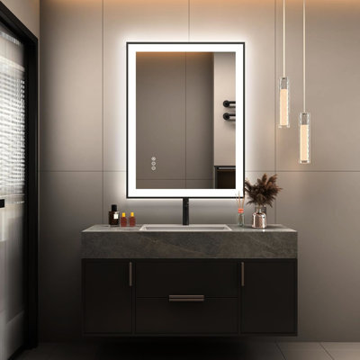 Miroir de salle de bain à DEL 28 po x 20 po, 3 couleurs à rétroéclairage avant et arrière, brouillard, intensité variable, verre trempé, éclat, rappel de fonction de mémoire de luminosité intelligente