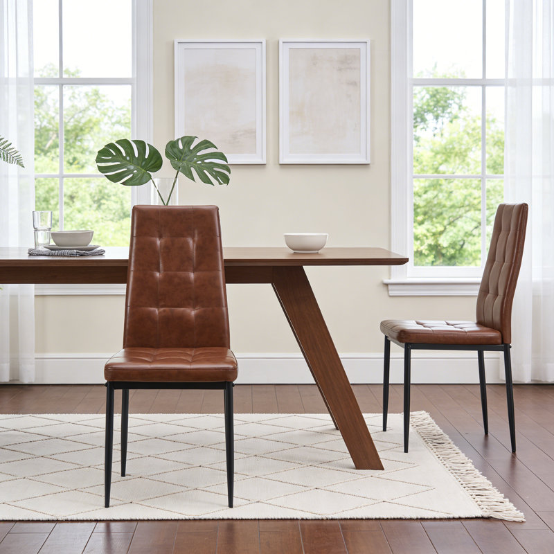 Brown Faux Leather High-Back Side Chairs, Dining Chairs With Black Metal Legs , 2