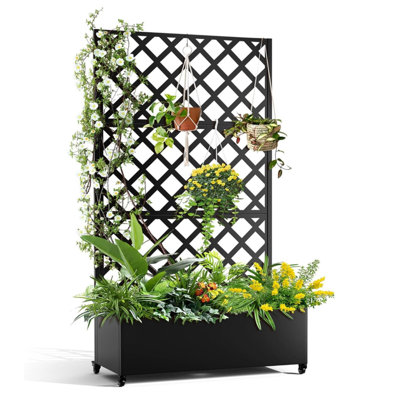 Boîte à fleurs en métal, avec boîte à fleurs en treillis à treillis en diamant, pour plantes grimpantes et vignes, lit de jardin surélevé galvanisé sur roues, lit de jardin avec treillis (72 po x 47 po en noir)