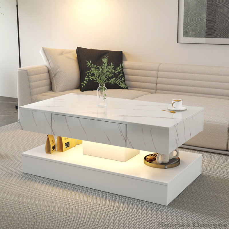 Table basse haute DEL 16,93 po, Marbre blanc, Blanc