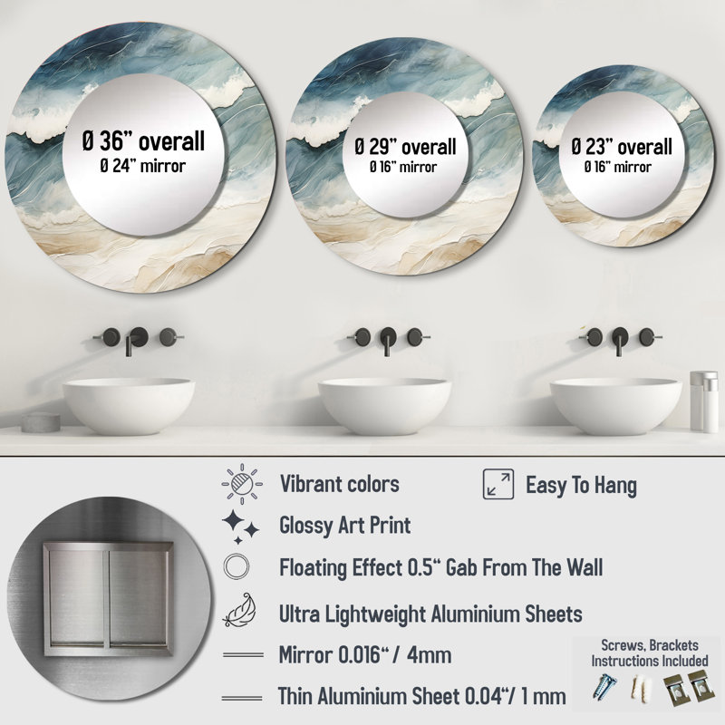 Runnie Modern Blue And Beige Sand Aerial View III - Beach Sand Mirror, Coastal Round Unique Wall Mirror, Printed Metal Art