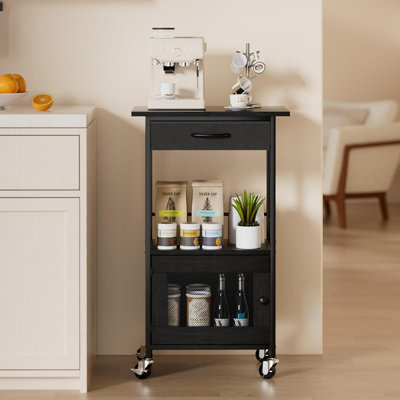 Armoire de bar à roulettes avec rangement pour tiroir et porte, support à micro-ondes de style maison de campagne et support à buffet pour la cuisine, un appartement, un salon ou un vestibule (noir)