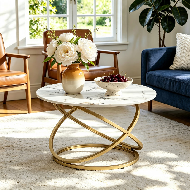 Table basse en marbre Reepham, Plateau blanc / base or