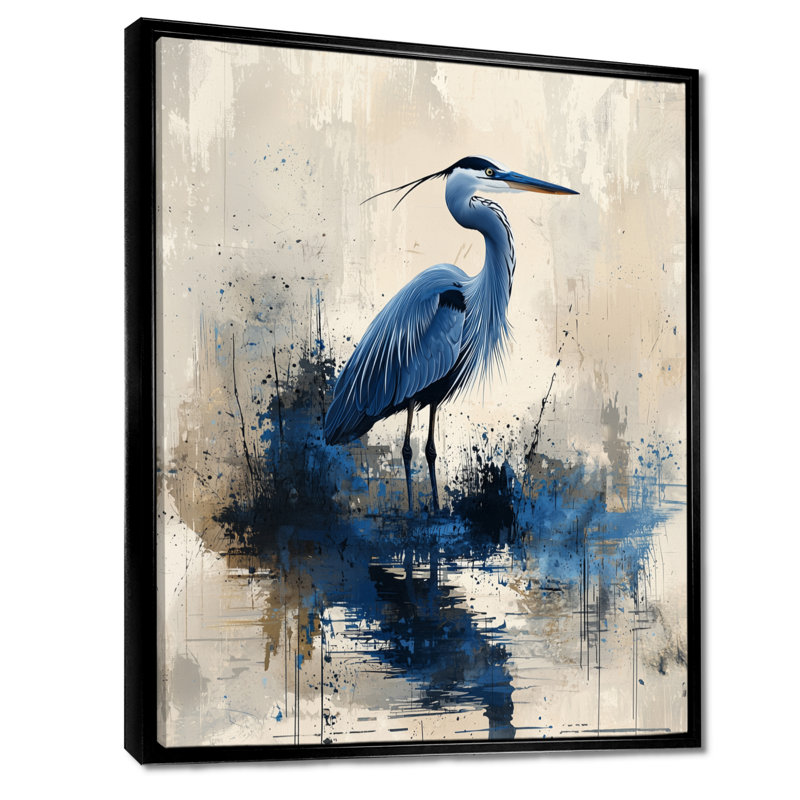 Azka Blue Heron Minimalisme Elegance I - héron, reproduction sur toile, Noir, Impression encadrée flottante