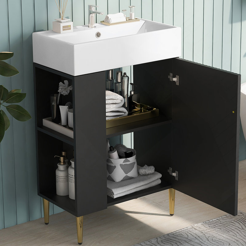 Meuble-lavabo noir 21,6 po, armoire combinée, meuble de rangement pour salle de bain, lavabo simple en céramique, rangement à gauche