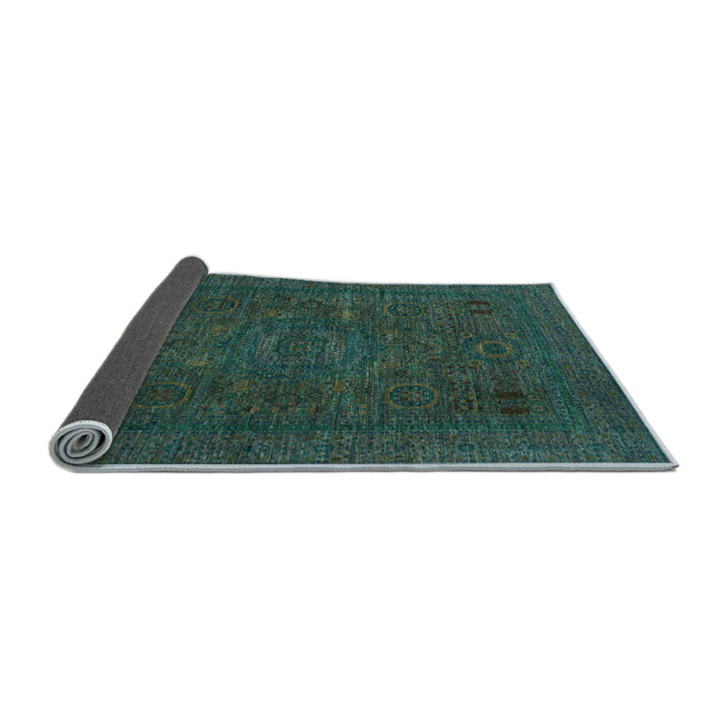 Tapis oriental en laine / polyester tissé à la machine en bleu / vert / gris, Carré 8 pi