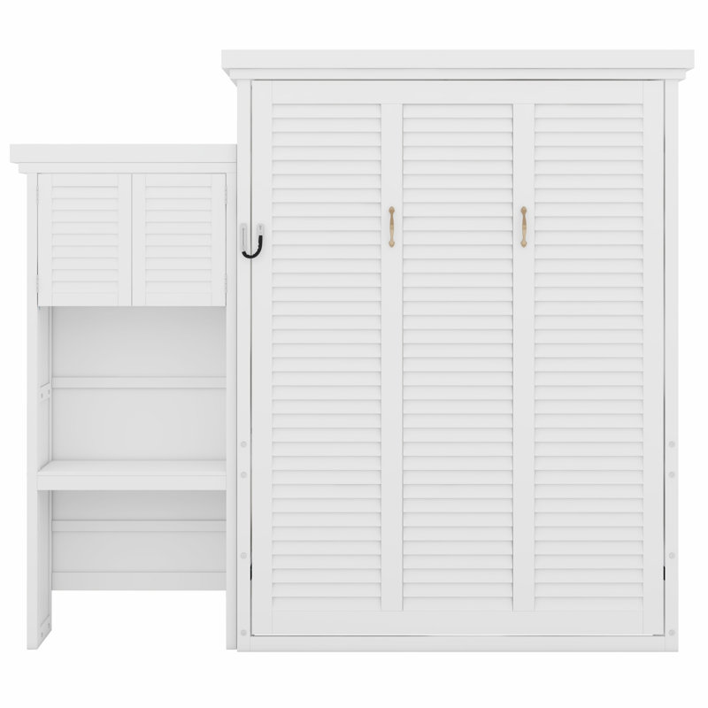 Structure de lit escamotable moderne avec décoration à persiennes et tablettes de rangement intégrées, White