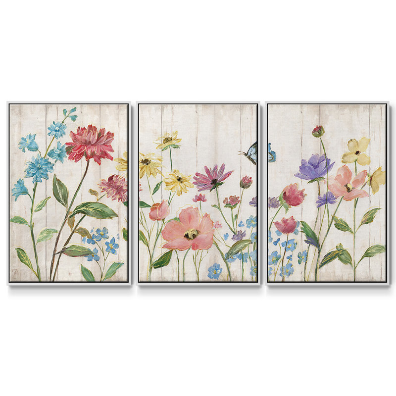 Fleurs sauvages sur 3 pièces, H 40 po x l 78 po x P 2 po, Blanc