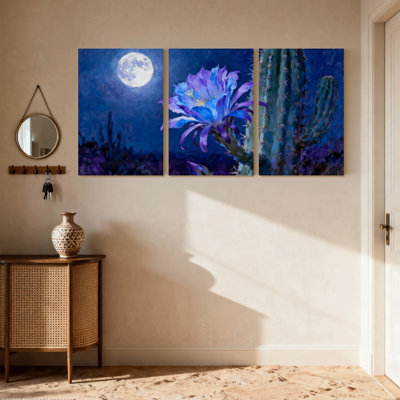 Cactus au clair de lune, fleurs de cactus, nuit, ensemble de 3 reproductions d'art sur toile