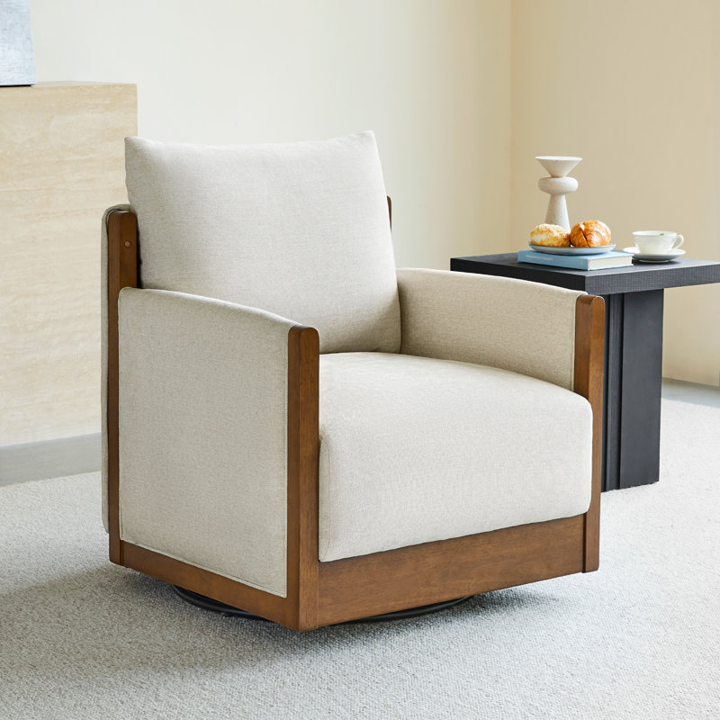 Fauteuil d'appoint pivotant rembourré Zenda, Lin lin, Noyer