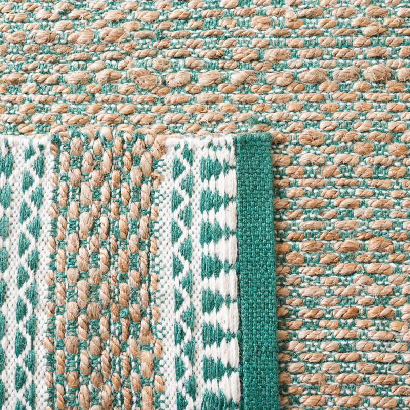 Janellie Natural Fiber Hand Woven Jute/Wool Solid Color Rug in Brown/Green, Runner 2'6" x 8'