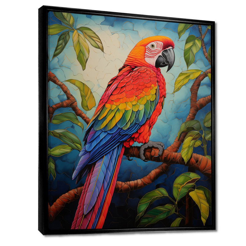 Perroquet rouge et vert dans la jungle africaine II, Cadre flottant noir, bois massif, H 40 po x l 30 po