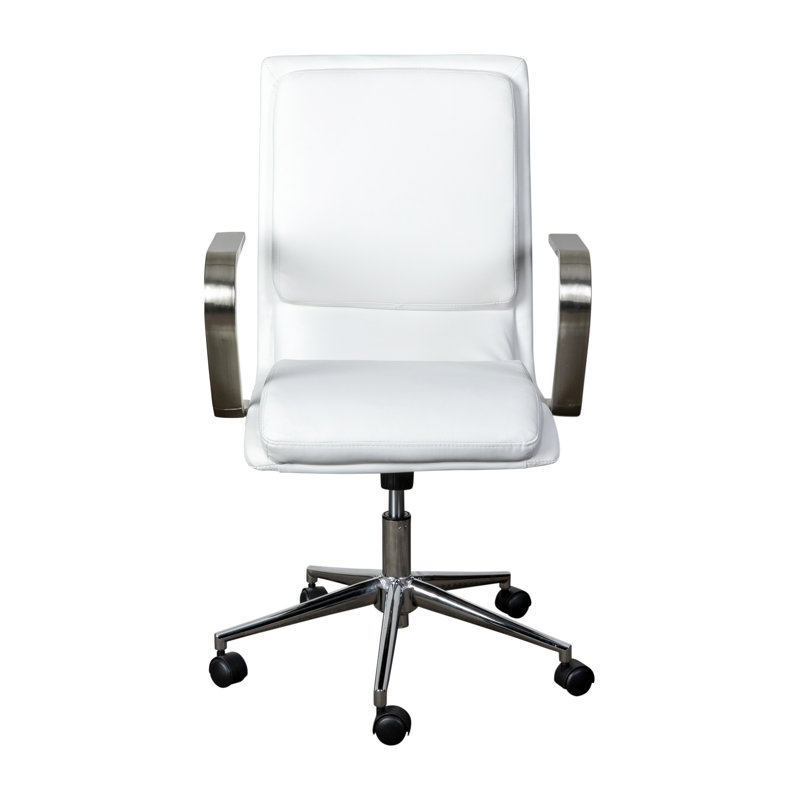 Mid-Back Designer Upholstered Swivel Executive Office Chair with Armrests, Chrome, White