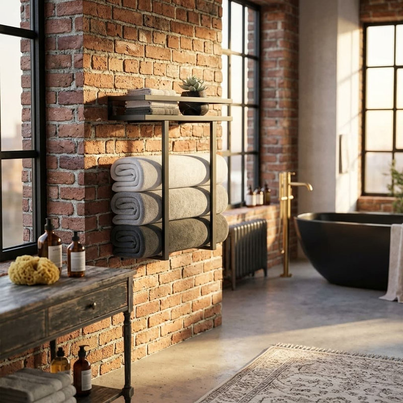 Porte-serviettes mural noir avec tablette en bois pour la salle de bain, le VR et le camping.