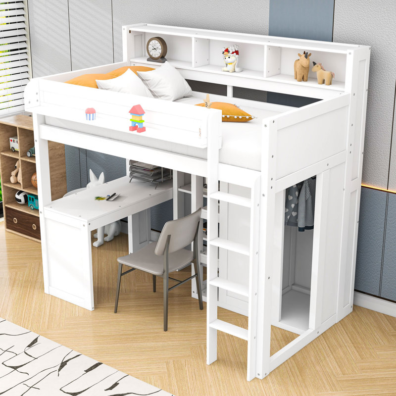 Lit mezzanine simple en bois avec bureau intégré et tablettes de rangement, Blanc