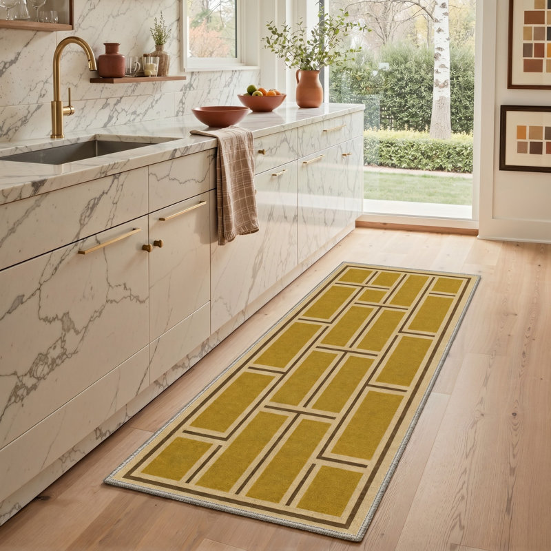 Tapis de couloir géométrique jaune / brun clair lavable à la machine avec envers antidérapant