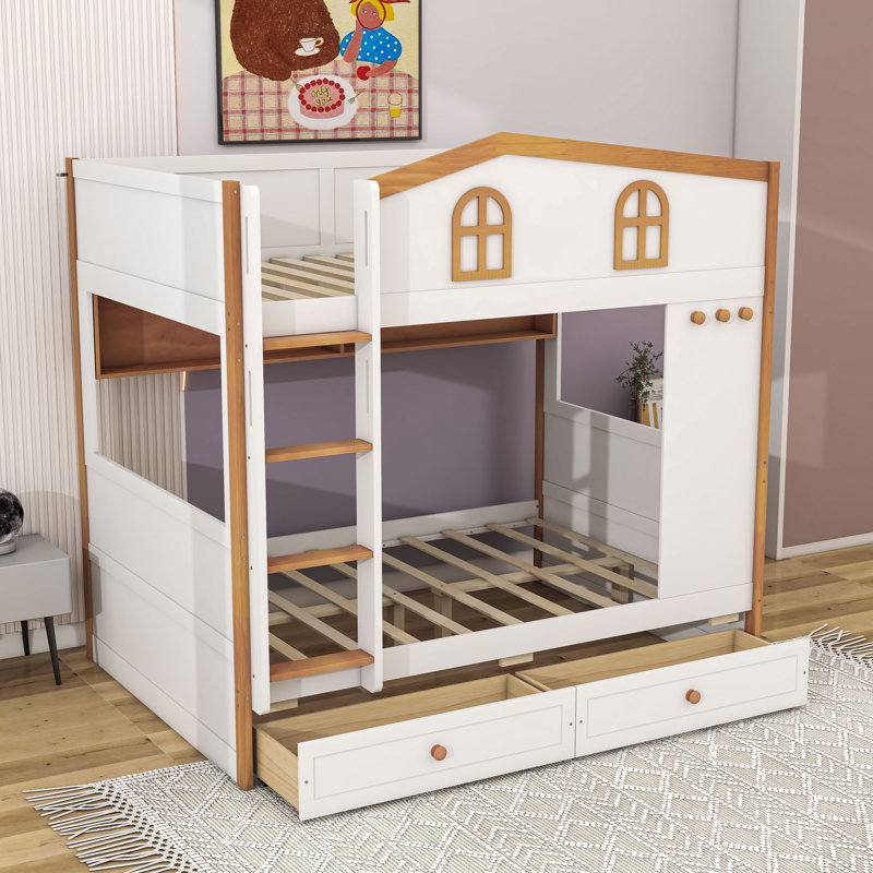 Lit superposé avec garde-corps en forme de maison, tablettes de rangement et tiroirs, Lit superposé double sur double