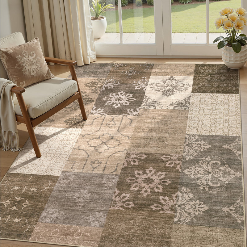 Faux Patchwork Abstract Geometric Area Rug – Washable Low-Pile Carpet for Living Room, Rectangle 5' x 7'