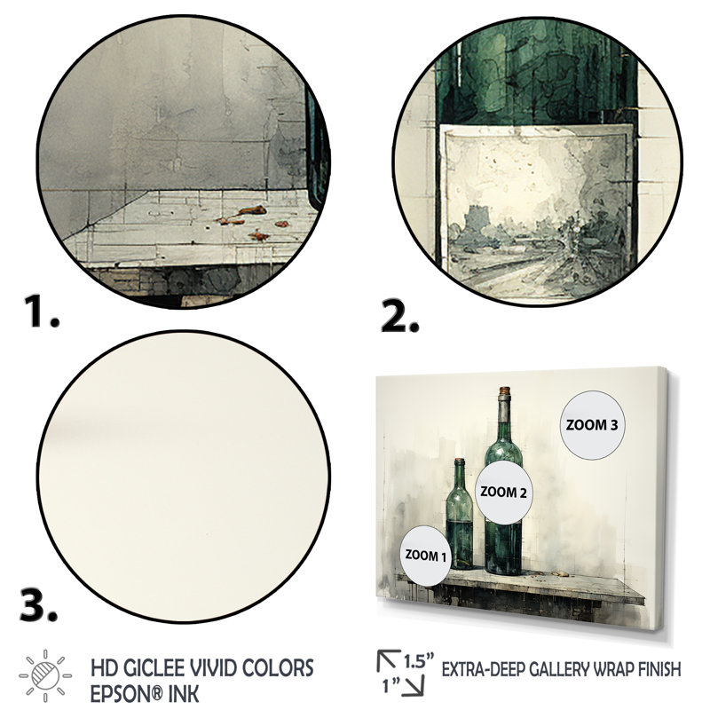 Vert minimaliste bouteilles de vin Silhouette II - art mural vin, Cadre flottant doré, H 16 po x l 32 po x P 1 po