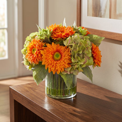 Hydrangea and Sunflower Arrangement in Glass Vase