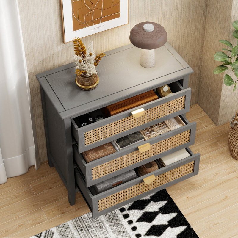 Commode décorative 3 tiroirs, commode en rotin, commode avec poignées en métal doré, Gris