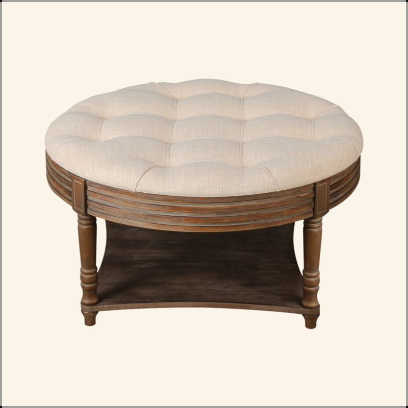 Large Round Waterproof Ottoman Coffee Table 2 Tier Oversized Button Tufted Ottoman With Wooden Shelf Storage Farmhouse Upholstered Coffee Table Living Room Footstool Ottoman Linen(Warm White)
