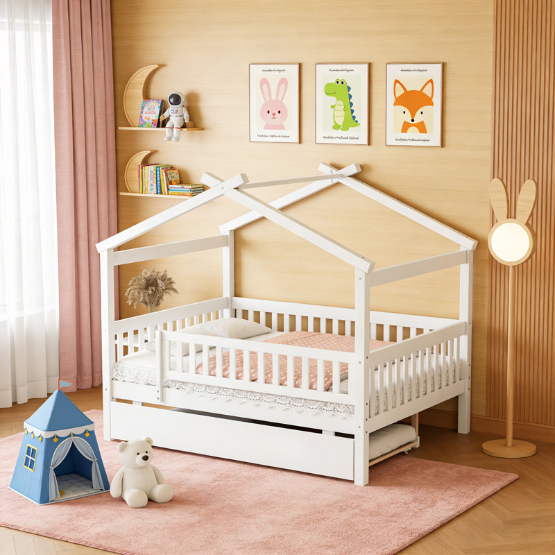 Full Size Wooden House Bed With Trundle, Full, White