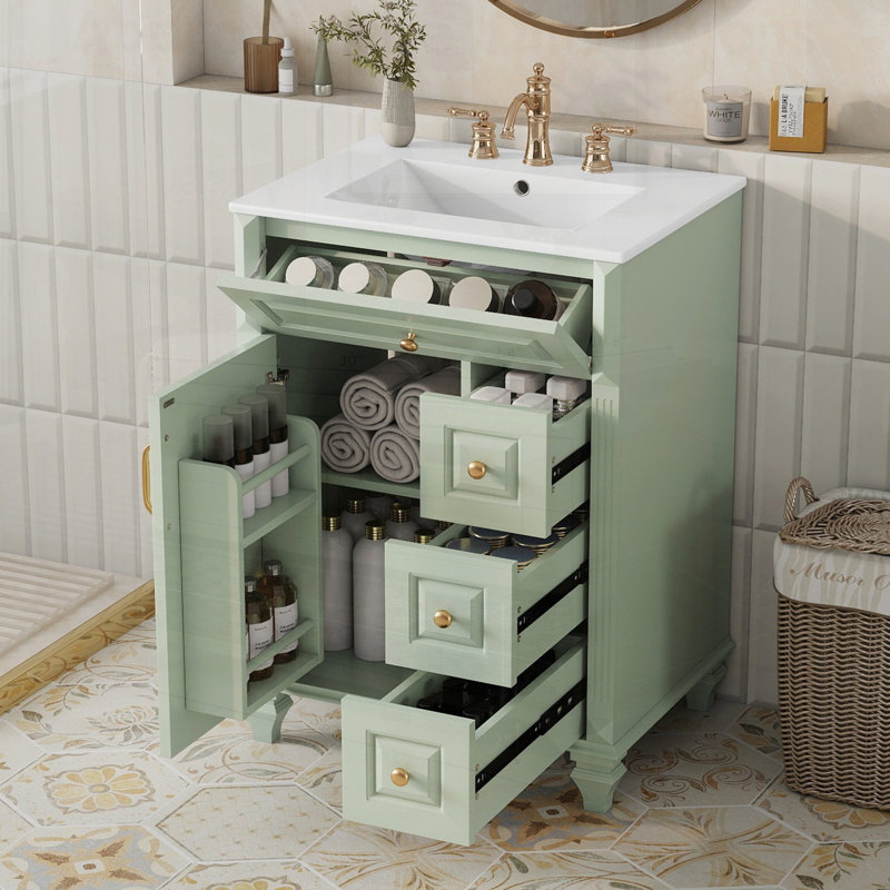 Green Freestanding Bathroom Vanity with Sink, Flip-Out Drawer, and Ample Storage for Modern and Elegant Bathrooms