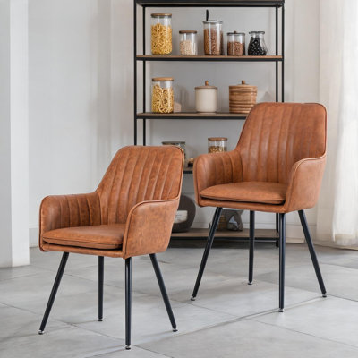 Modern side chair set of 2 with removable seat cushion, brown faux leather and metal legs