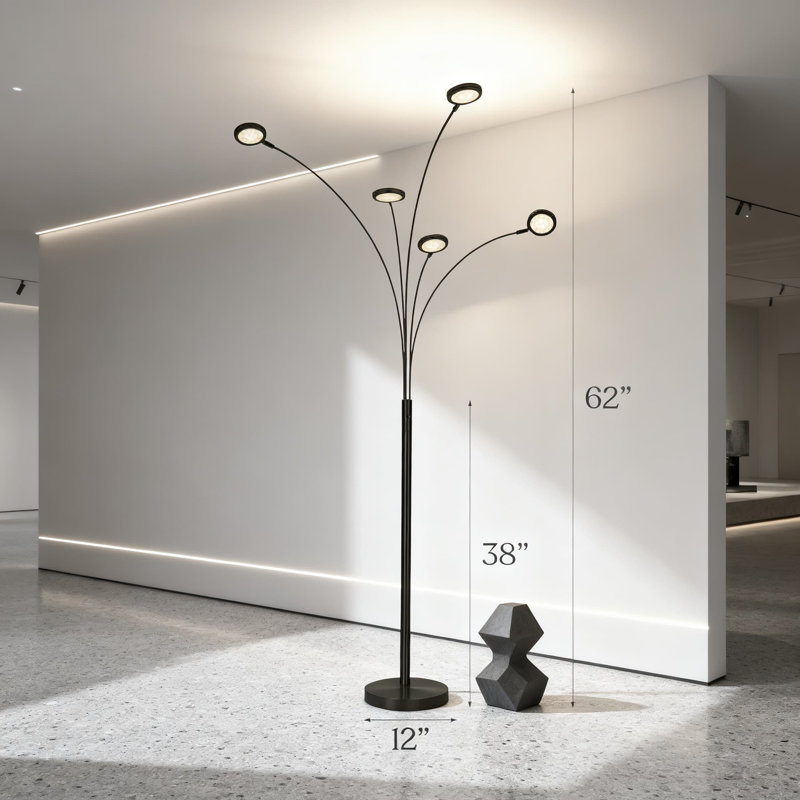 Floor Lamp With 5 Adjustable Led Heads, Flexible Rotating Arms For Living Room, Bedroom, Office, 2250 Lumen Modern Tree Standing Light